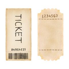 Two watercolor hand drawn tickets isolated on white background