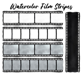 Watercolor film stripes. Hand drawn cinema set isolated on white backgroung