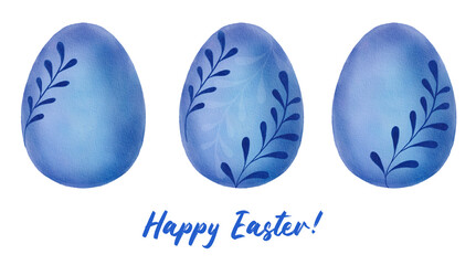 Set of blue watercolor Easter eggs isolated on white background