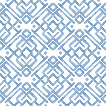 Fototapeta Seamless pattern with blue watercolor geometric ornament