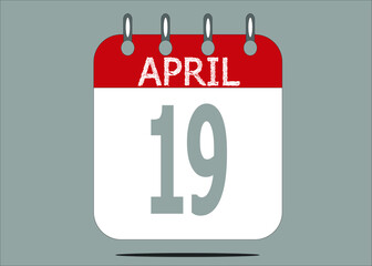 Icon day date 19 April, template calendar page in red and gray for days of the month