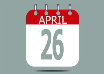 Icon day date 26 April, template calendar page in red and gray for days of the month