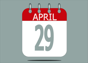 Icon day date 29 April, template calendar page in red and gray for days of the month