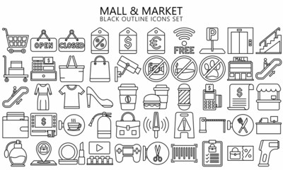 Fototapeta na wymiar Market Shopping mall, retail, minimal outline icon set with sale offer and payment symbols. Outline icons collection. Used for web, UI, UX kit and applications, vector EPS 10 ready convert to SVG