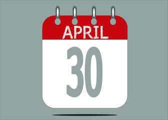 Icon day date 30 April, template calendar page in red and gray for days of the month