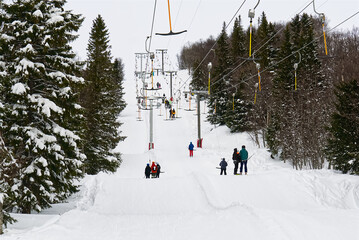 ski lifts in scandinavian resort. ski resort, slope, ski lift with snow, Lapland. winter skiing...
