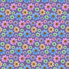 Fototapeta na wymiar Cosmos, kosmeya. Illustration, texture of flowers. Seamless pattern for continuous replication. Floral background, photo collage for textile, cotton fabric. For wallpaper, covers, print.