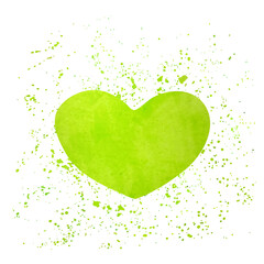 Light green watercolor heart with dots splatters isolated on a white background. Vector illustration.