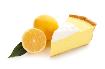 Piece of tasty baked lemon pie and fresh fruits on white background