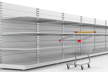 Empty store shelves and shopping cart on white background. Isolated 3D illustration