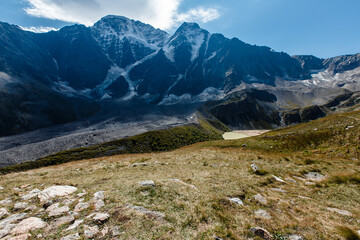 Panoramic view of Donguzorun lake and glacier 7Caucasus Russia