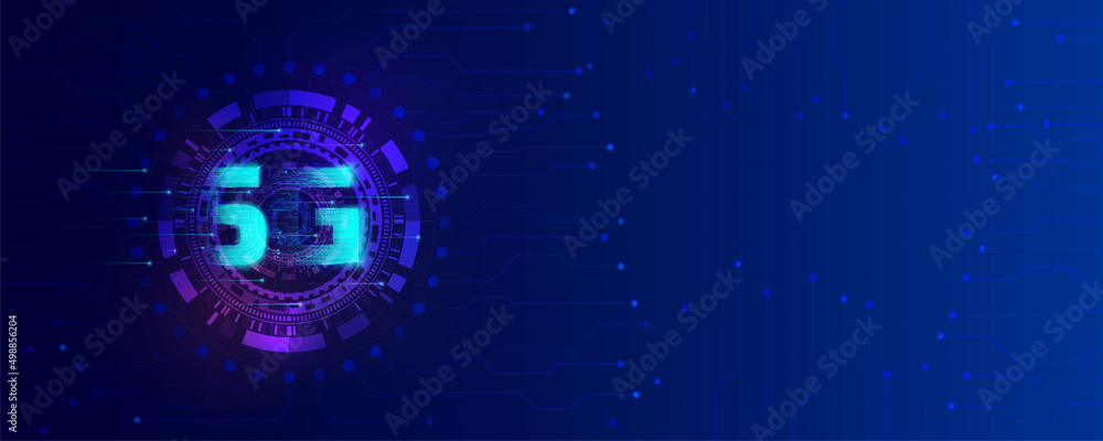 Poster 5g symbol with blue abstract futuristic background. 5th generation of wireless internet connection. 