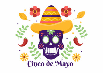 Cinco de Mayo Mexican Holiday Celebration Cartoon Style Illustration with Cactus, Guitar, Sombrero and Drinking Tequila for Poster or Greeting Card