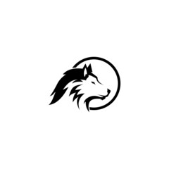 Wolf Head Icon with Circular Moon Outline in Black for Edgy Branding