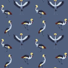 Vector seamless pattern with crowned crane birds. 