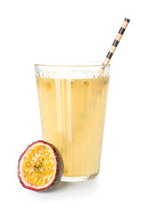 Glass of delicious passion fruit juice on white background