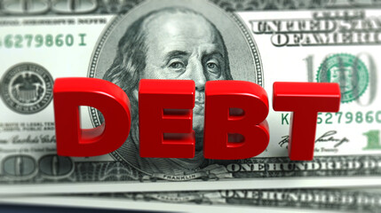 Red-colored debt text and an American hundred dollar bill. On grayish blue-colored background. Horizontal composition with copy space. Focused image.