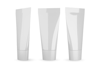 Cosmetic tube. 3D cream tubes in white color. Plastic gel package white cap isolated on white background
