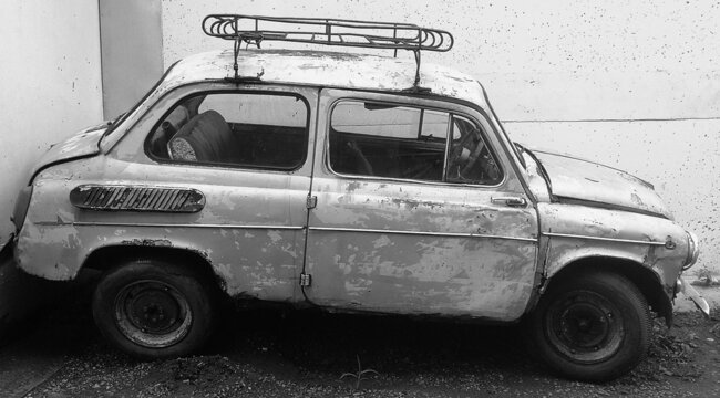 BIYSK, RUSSIA - CIRCA, JUNE, 2021: Retro classic car ZAZ-965 Zaporozhets, car parked. Black and white photography.