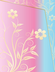 Floral card Background design vector with golden frame on light pink and azure color