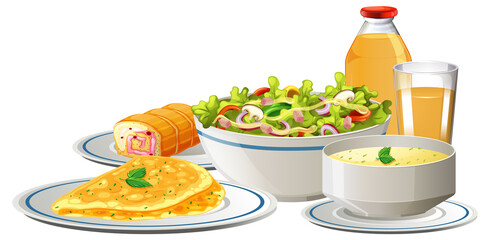 Breakfast set with salad soup and omlet - obrazy, fototapety, plakaty
