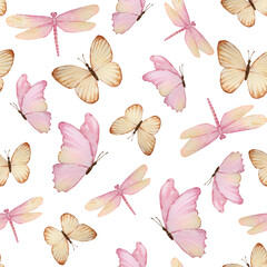 Watercolor seamless pattern with butterflies and dragonflies