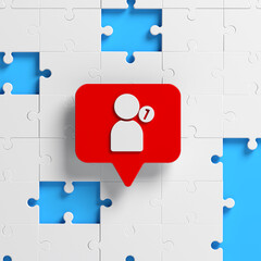 Red-colored online chat bubble jigsaw puzzle pieces and social media-like symbol. On blue-colored background. Square composition with copy space. Isolated with clipping path.