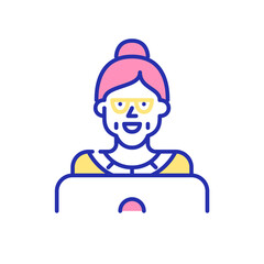 Grandma wearing glasses chatting in social media at a laptop. Pixel perfect, editable stroke fun color icon