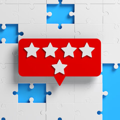 Red-colored online chat bubble jigsaw puzzle pieces and feedback stars. On blue-colored background. Square composition with copy space. Isolated with clipping path.