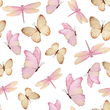 Watercolor seamless pattern with butterflies and dragonflies