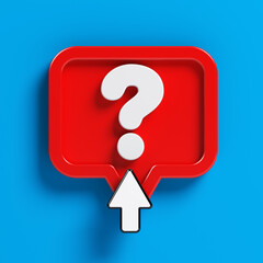 Red-colored online chat bubble and question mark. On blue-colored background. Square composition with copy space. Isolated with clipping path.