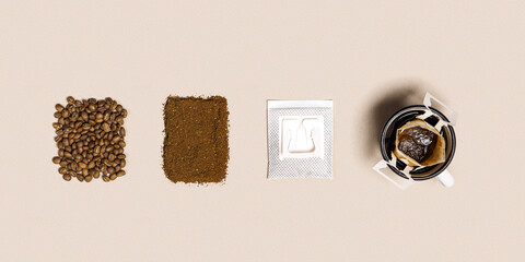 Drip coffee bag in cup, ground coffee and coffee beans,  pack with paper bag drip coffee filter,...