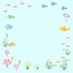 水彩画　魚　フレーム　ブルー　正方形