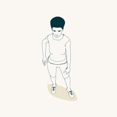 Standing woman. Sport girl illustration. Casual sportwear - t-shirt, breeches and sneakers. Young woman wearing workout clothes. Sport fashion girl outline in urban casual style.