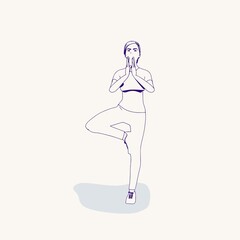 A girl standing on one leg is engaged in yoga. Happy relaxed female character performing meditation exercise. Sport fashion girl outline in urban casual style.
