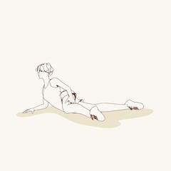 Lying woman. Sport girl illustration. Casual sportwear - t-shirt, breeches and sneakers. Young woman wearing workout clothes. Sport fashion girl outline in urban casual style.