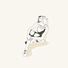 Beautiful woman resting after exercise. Sport girl illustration. Young woman wearing workout clothes. Sport fashion girl outline in urban casual style. Top view