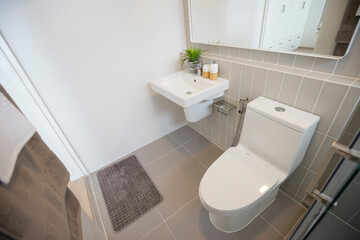 View of white new bathroom and water closet with shower room interior.