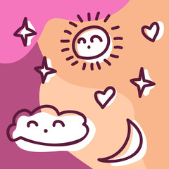 Cute illustration doodle hand drawn sun, cloud and moon on the  pink color on the peach background for web, stickers, card, poster, cover and design