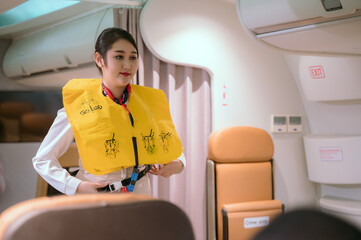 Air hostess and business people on passenger plane