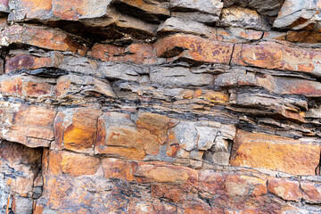 Closeup of dark dged shabby cliff cracks. Gray stone rock texture of mountains. Concept of geology and mountaineering