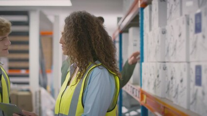 Workers with digital tablet in distribution warehouse training male intern- shot in slow motion