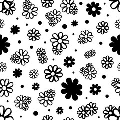 Monochrome Daisy Flowers Line on white background Seamless Pattern. Abstract art print. Design for paper, covers, cards, fabrics, interior items and any. Vector illustration.