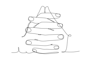 Single continuous line of close-up interlaced finger hand gesture isolated on white background. Hand drawn style vector illustration