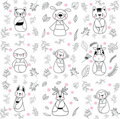 cartoon activity illustration a set of animals hand drawn elements for children's coloring book design, children's book. eps vector image.