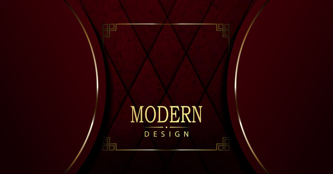 Red textured design, round frames on the sides with a gold tone border