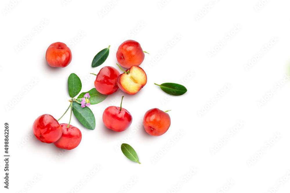 Poster acerola cherry with half slice and green leaves isolated on white background, top view, flat lay.