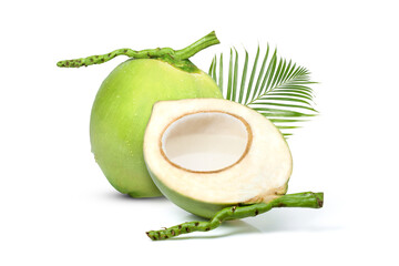 Coconut water (coconut juice) and fresh coco nut fruit with green palm leaf isolated on white background.