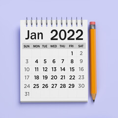 White-colored 2022 January calendar. On a light purple-colored background. Square composition with copy space. Isolated with clipping path.