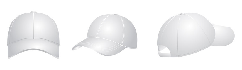 realistic white baseball cap set back front 

and side views on white background. baseball 

cap set sport outdoor hat.

